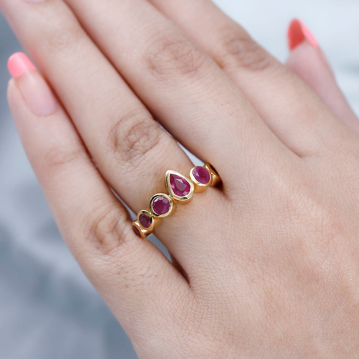 African Ruby 7 Stone Engagement Band Ring in 18K Vermeil Yellow Gold Plated Sterling Silver 2.50 Ct 7628664 2