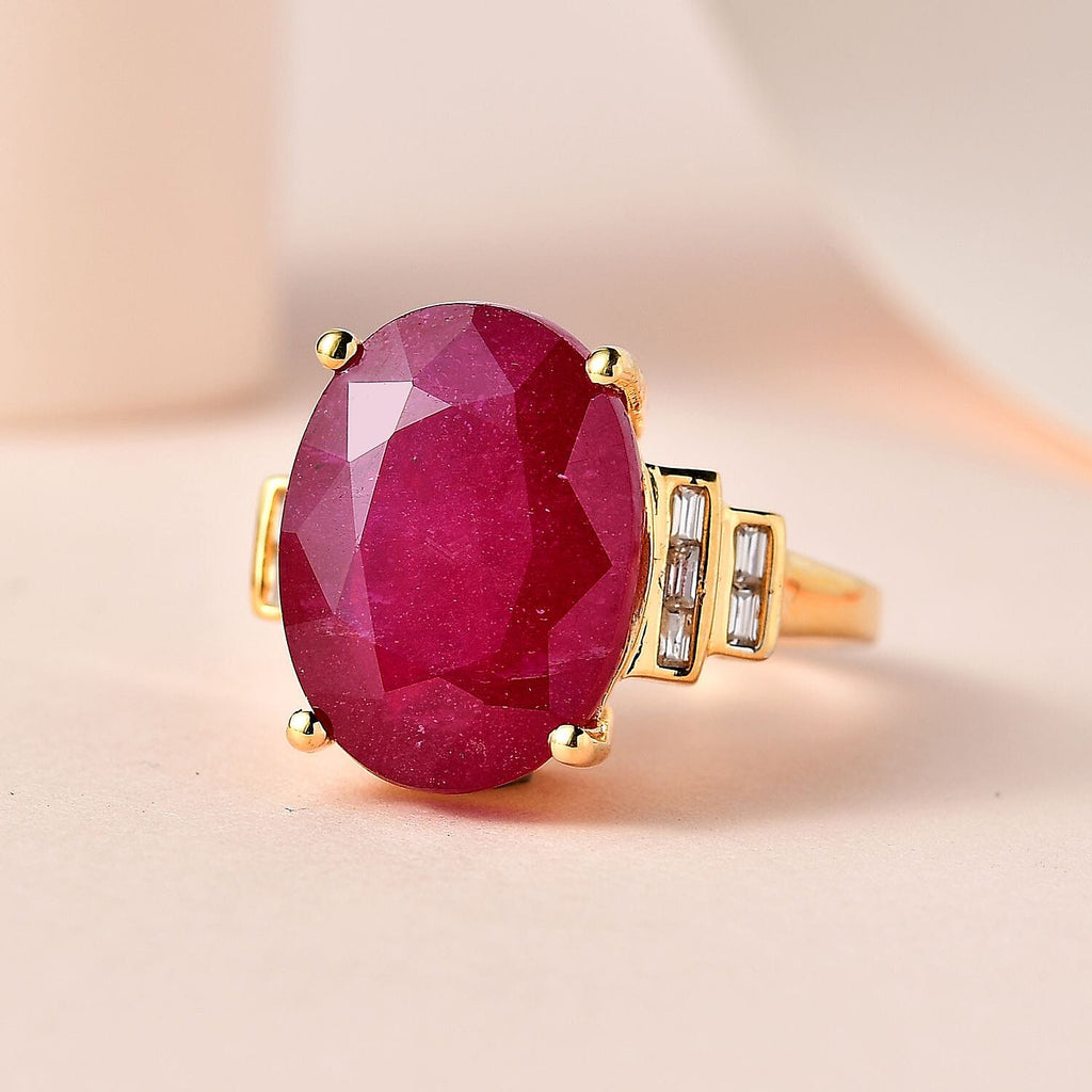 African Ruby & Moissanite Ring in 18K Yellow Gold Vermeil Plated  Sterling Silver 15.28 Ct, Silver Wt. 5.14 GM