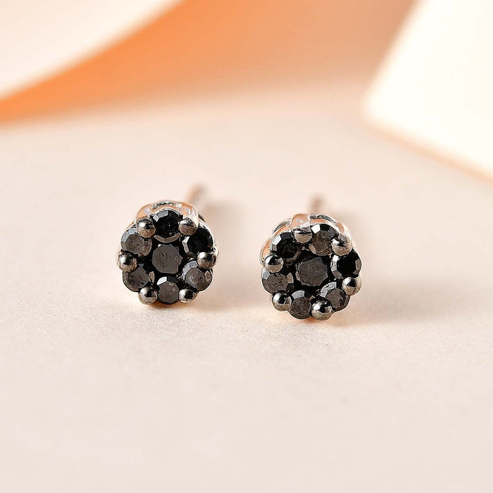 Black Diamond Stud Earrings with Push Back in Rhodium Overlay Sterling Silver 7631499 2