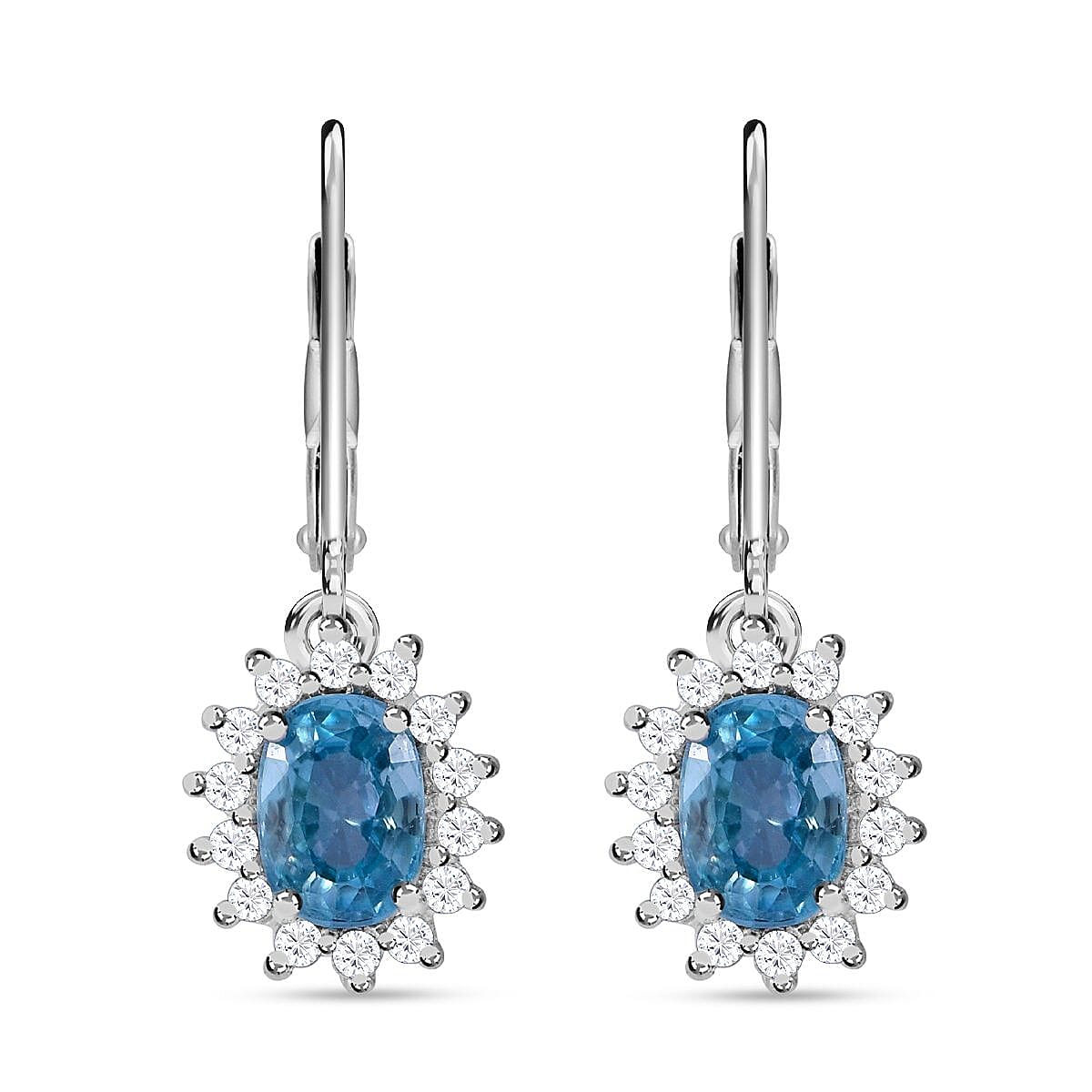 Natural Ratanakiri Blue Zircon &amp; Natural Zircon Halo Earrings in Rhodium Overlay Sterling Silver 3.06 Ct 7592681 0