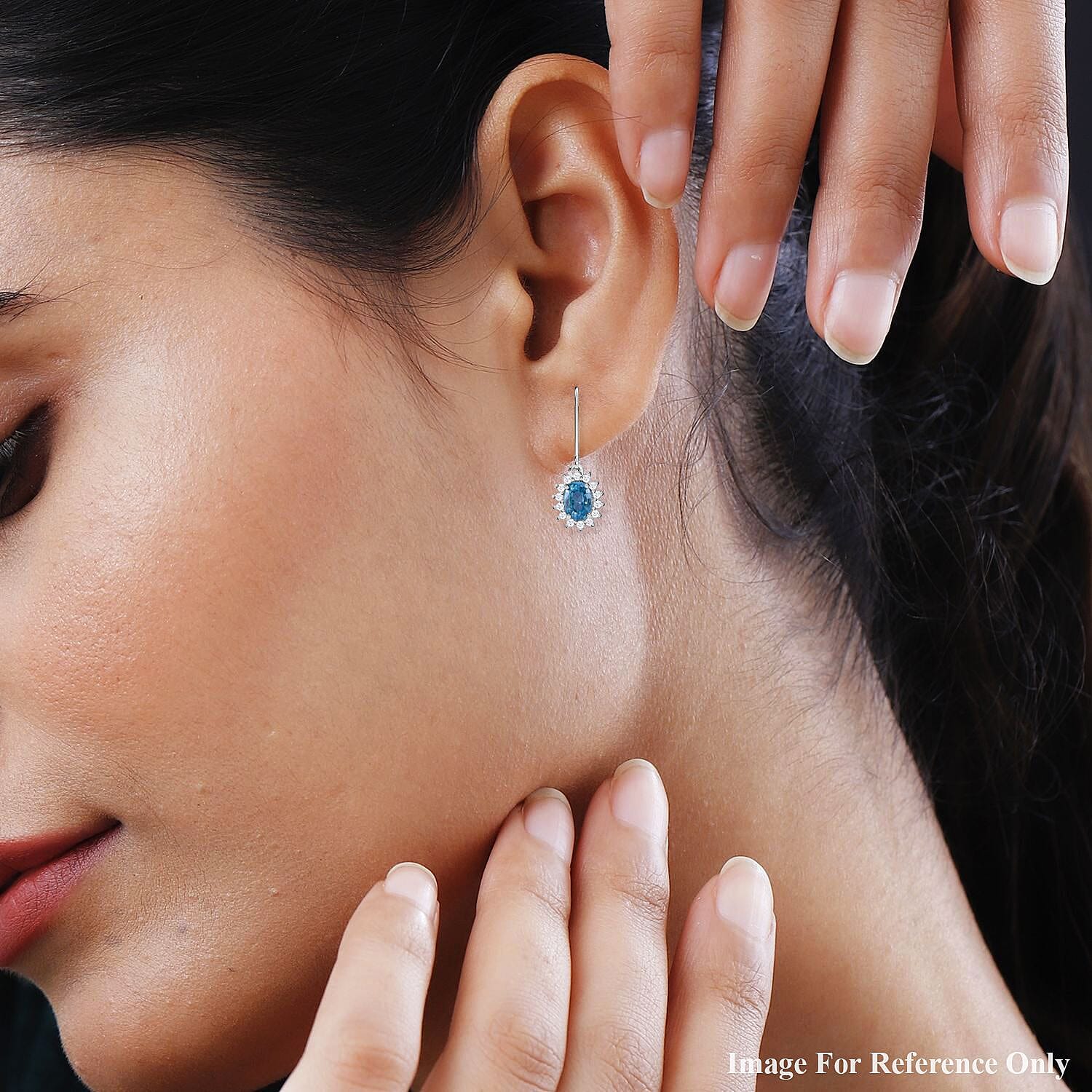 Natural Ratanakiri Blue Zircon &amp; Natural Zircon Halo Earrings in Rhodium Overlay Sterling Silver 3.06 Ct 7592681 3