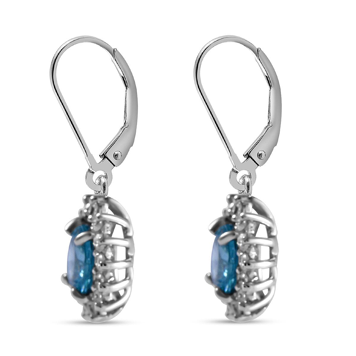 Natural Ratanakiri Blue Zircon &amp; Natural Zircon Halo Earrings in Rhodium Overlay Sterling Silver 3.06 Ct 7592681 4