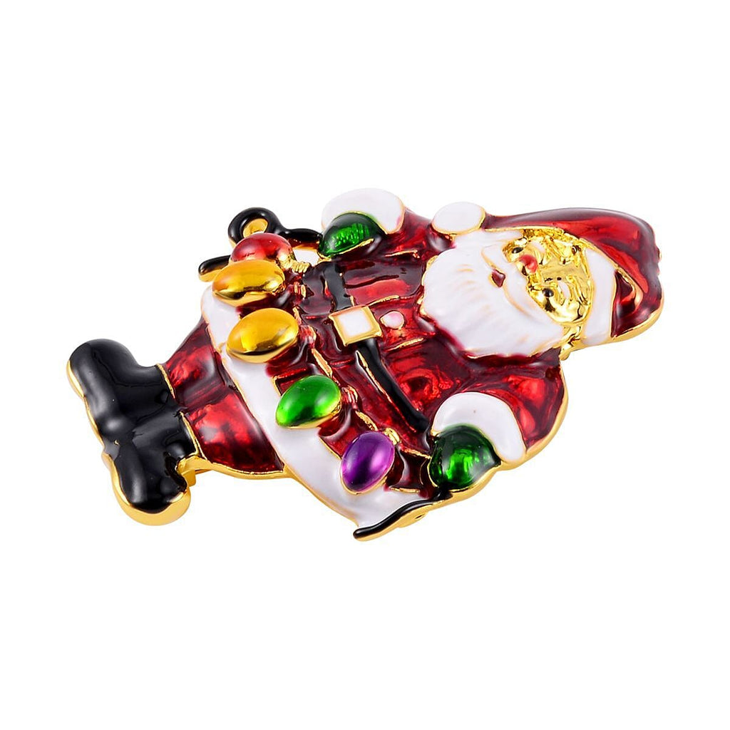 Multi Colour Enamelled Santa Brooch in Yellow Gold Tone