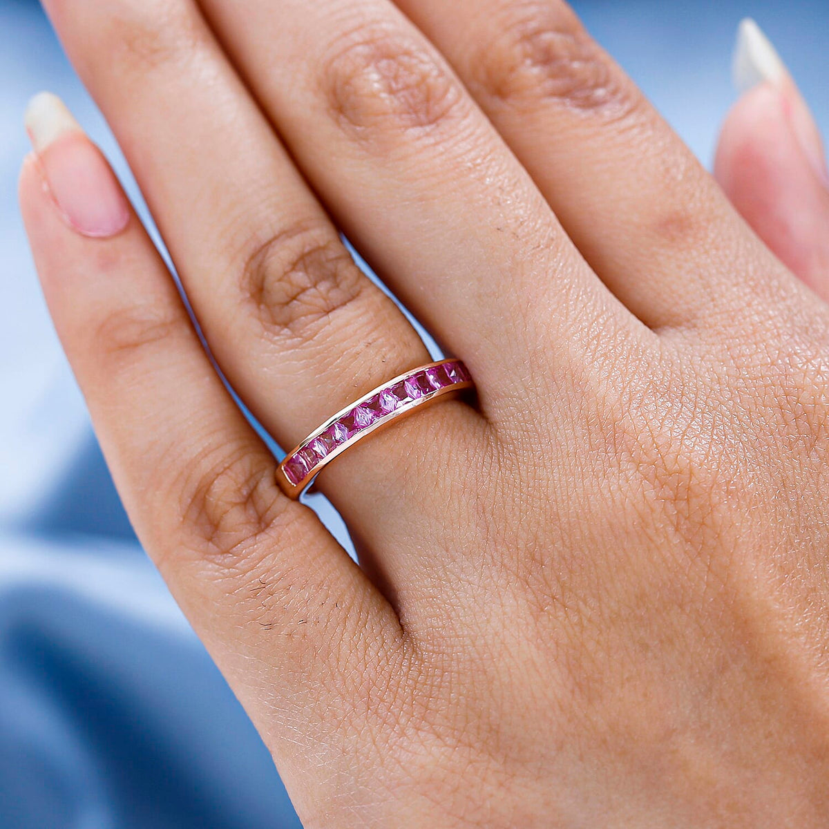 Lab Created Pink Sapphire Half-Eternity Ring in 18K Rose Gold Vermeil Plated Sterling Silver 1.20 Ct 7576949 2