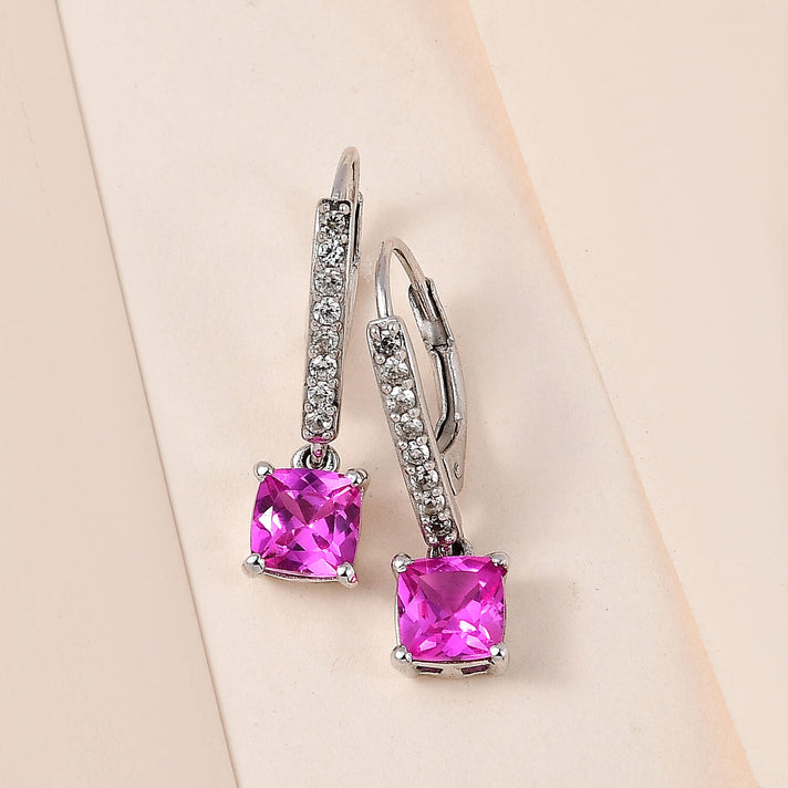 Premium Lab Created Pink Sapphire and Natural Zircon Dangle Earrings in Platinum Overlay Sterling Silver 3.25 Ct 7579000 2