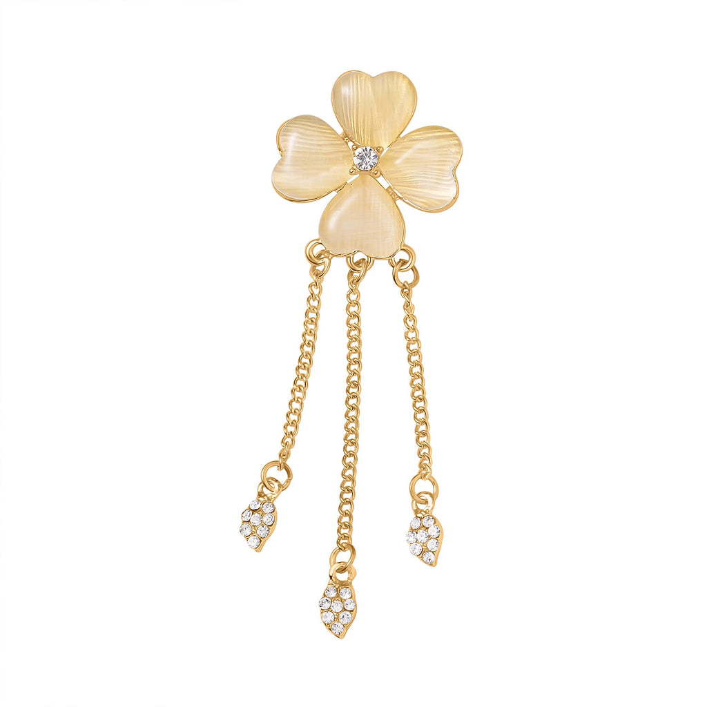 Created White Cats Eye & White Austrian Crystal Clover Brooch in Yellow Gold Tone