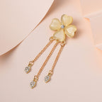 Created White Cats Eye & White Austrian Crystal Clover Brooch in Yellow Gold Tone