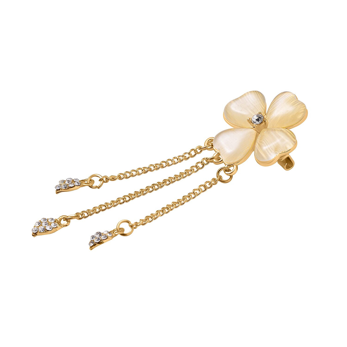 Created White Cats Eye &amp; White Austrian Crystal Clover Brooch in Yellow Gold Tone 7602318 2