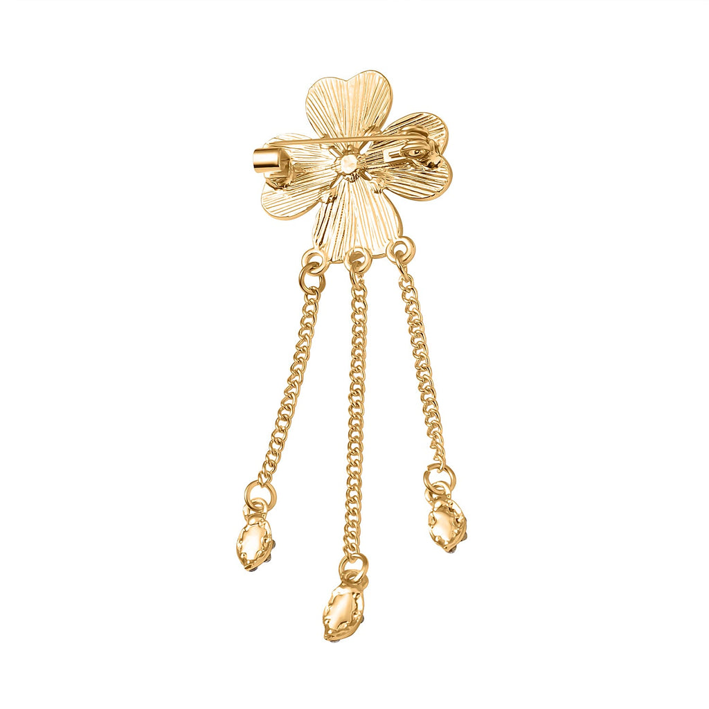 Created White Cats Eye & White Austrian Crystal Clover Brooch in Yellow Gold Tone