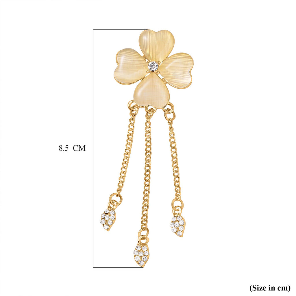 Created White Cats Eye & White Austrian Crystal Clover Brooch in Yellow Gold Tone