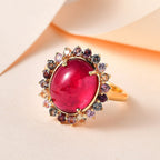 African Ruby & Multi Sapphire Halo Ring in 18K YG Vermeil Plated Sterling Silver 8.96 Ct.