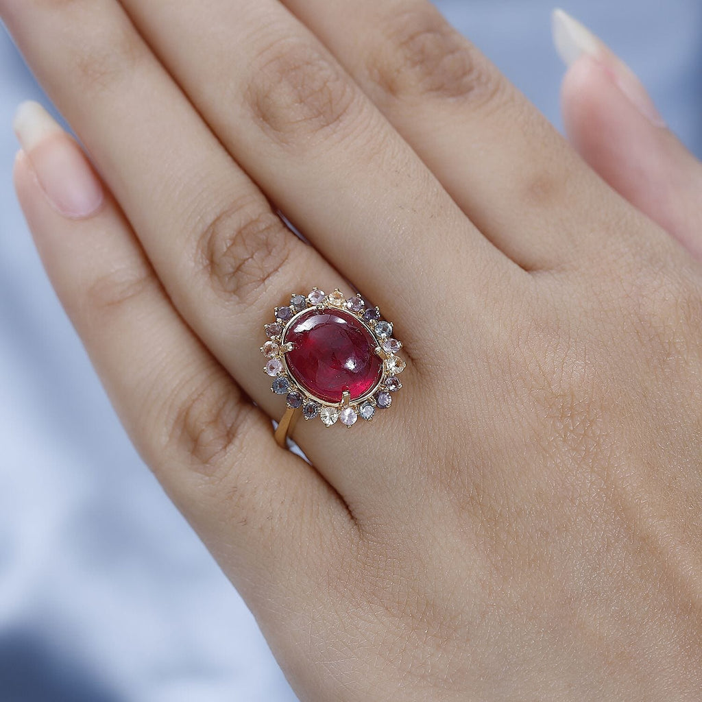 African Ruby & Multi Sapphire Halo Ring in 18K YG Vermeil Plated Sterling Silver 8.96 Ct.