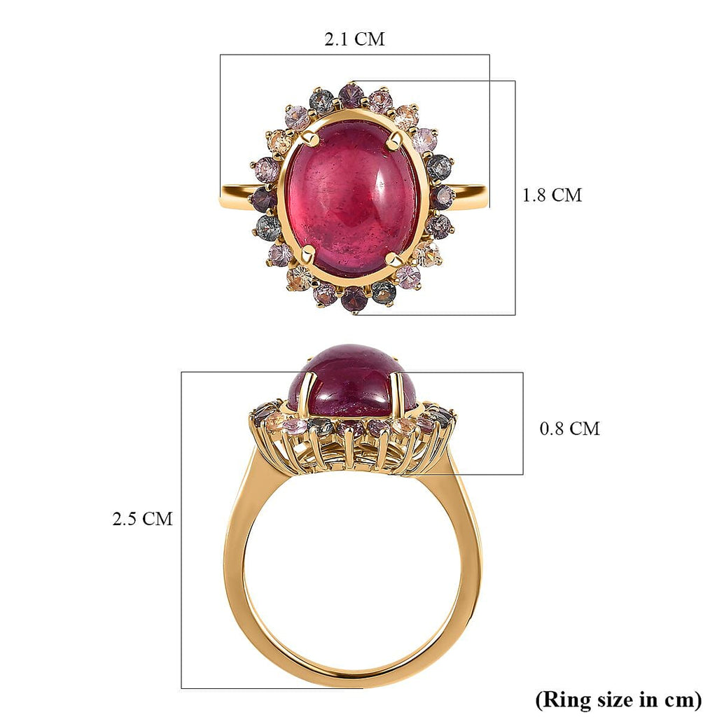 African Ruby & Multi Sapphire Halo Ring in 18K YG Vermeil Plated Sterling Silver 8.96 Ct.