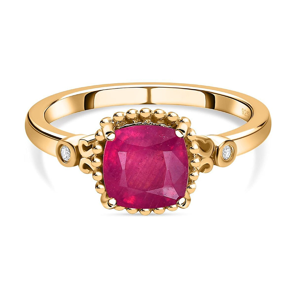 Antique Cushion Cut Premium Ruby & Diamond Ring in 18K Vermeil Yellow Gold Plated Sterling Silver 2.34 Ct.