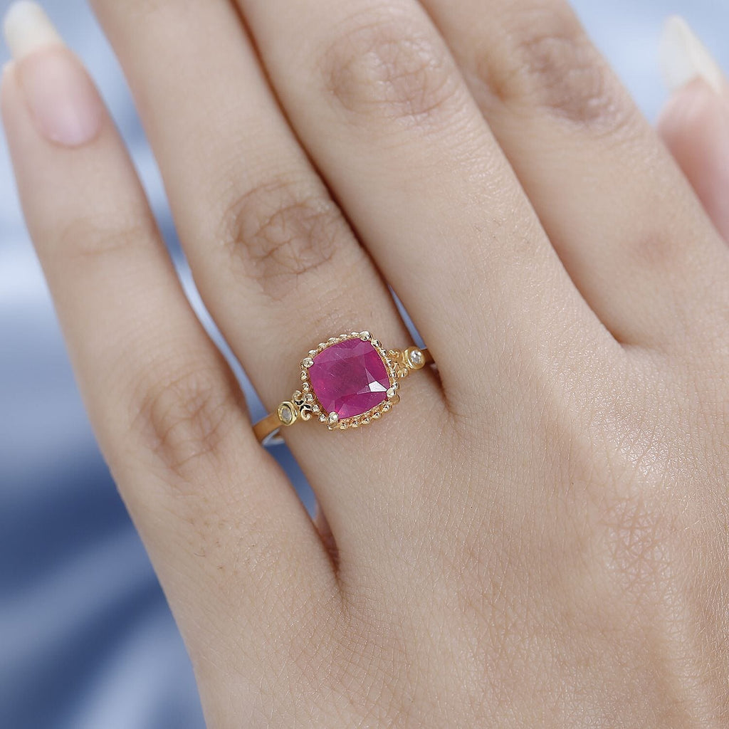 Antique Cushion Cut Premium Ruby & Diamond Ring in 18K Vermeil Yellow Gold Plated Sterling Silver 2.34 Ct.