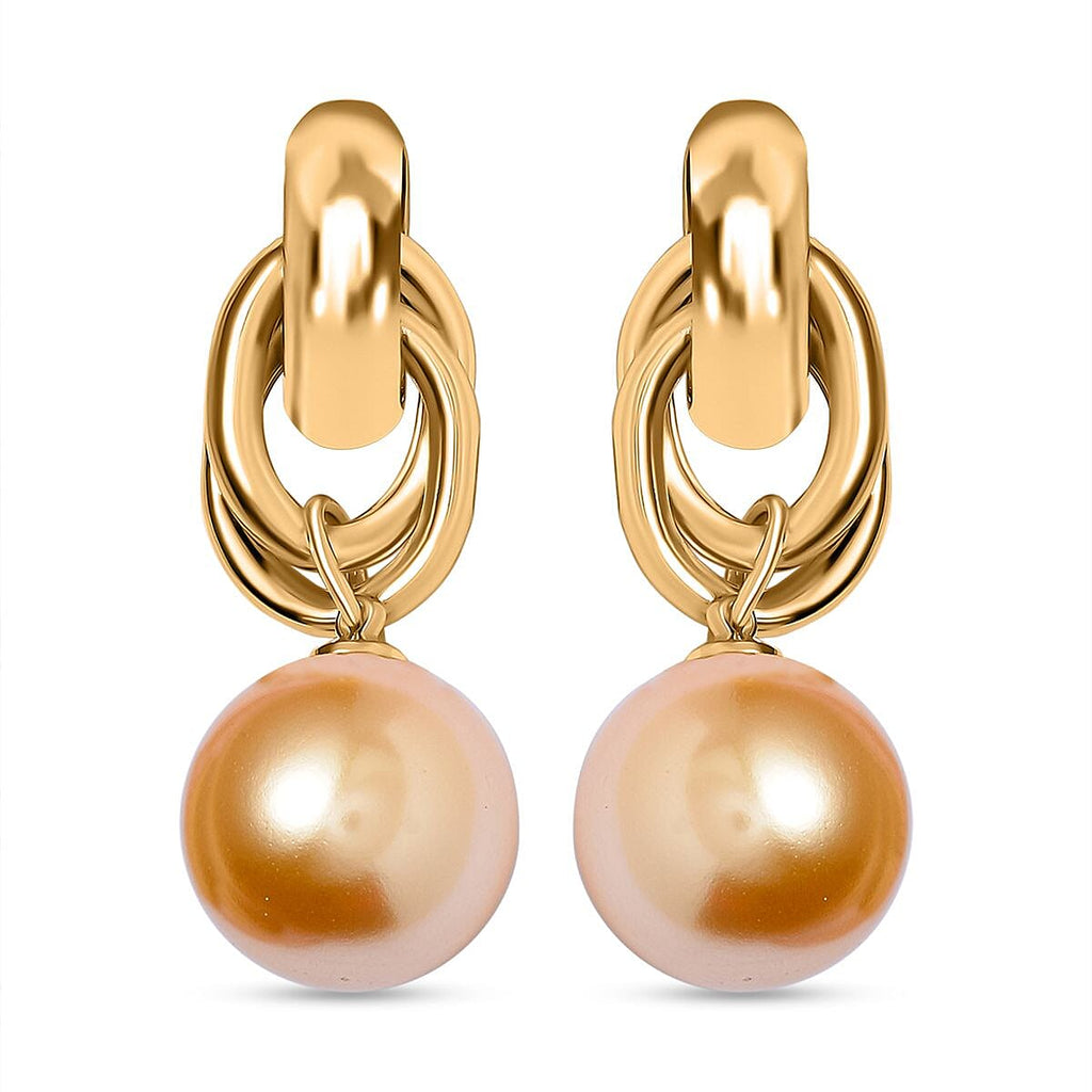 One Time Deal - Golden Shell Pearl Dangle Earrings in Yellow Gold Tone