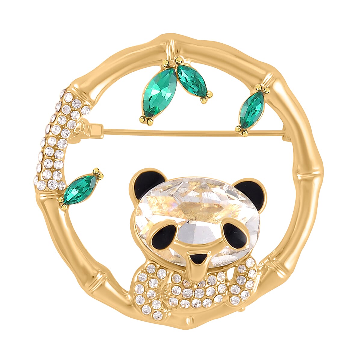 Green &amp; White Austrian Crystal Panda Brooch in Yellow Gold Tone 7602164 0