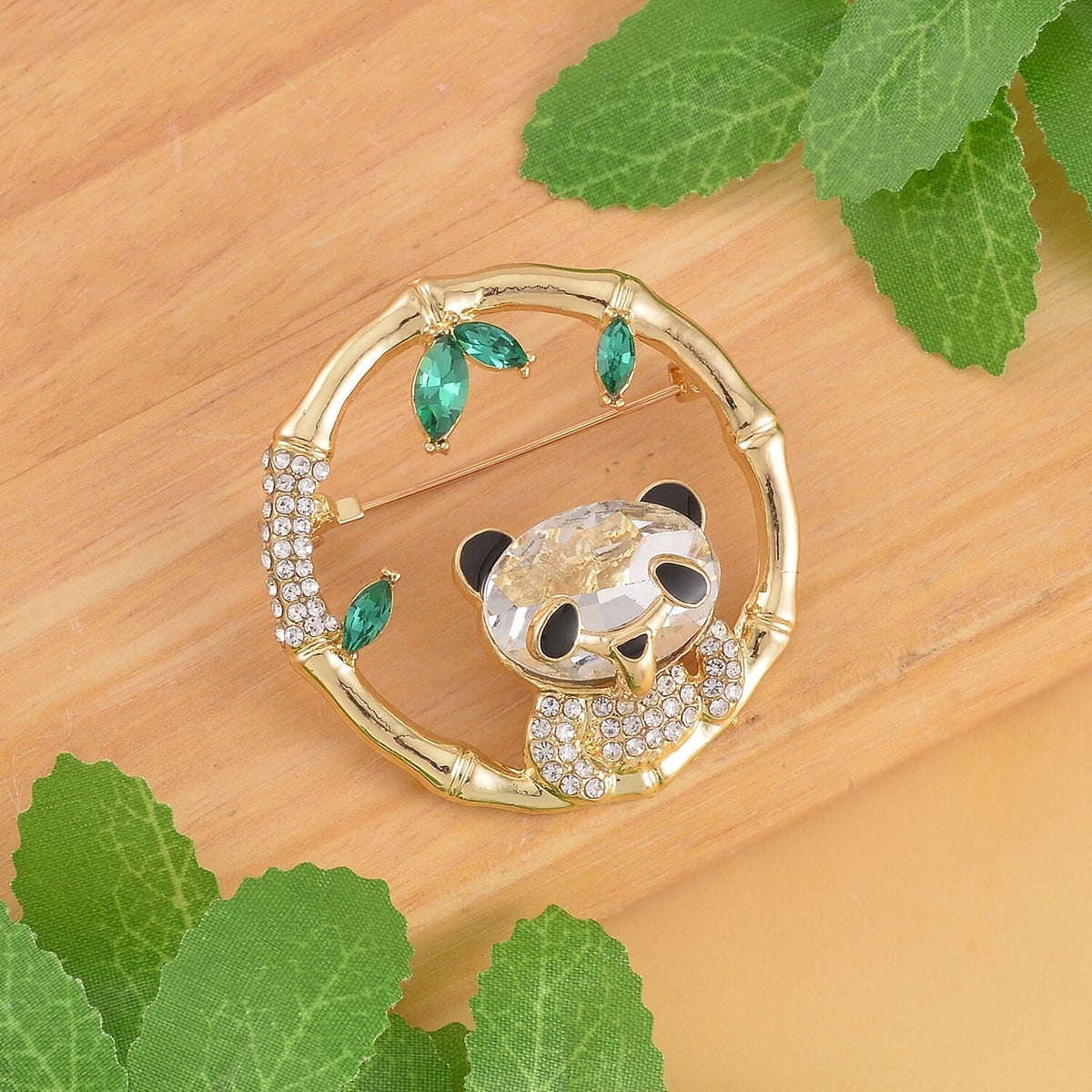 Green &amp; White Austrian Crystal Panda Brooch in Yellow Gold Tone 7602164 1