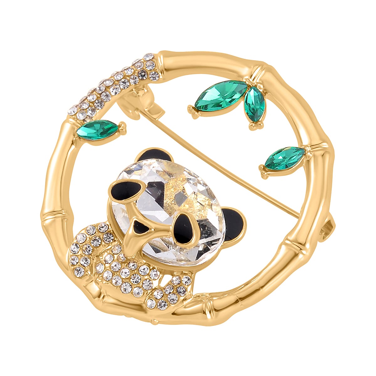 Green &amp; White Austrian Crystal Panda Brooch in Yellow Gold Tone 7602164 2