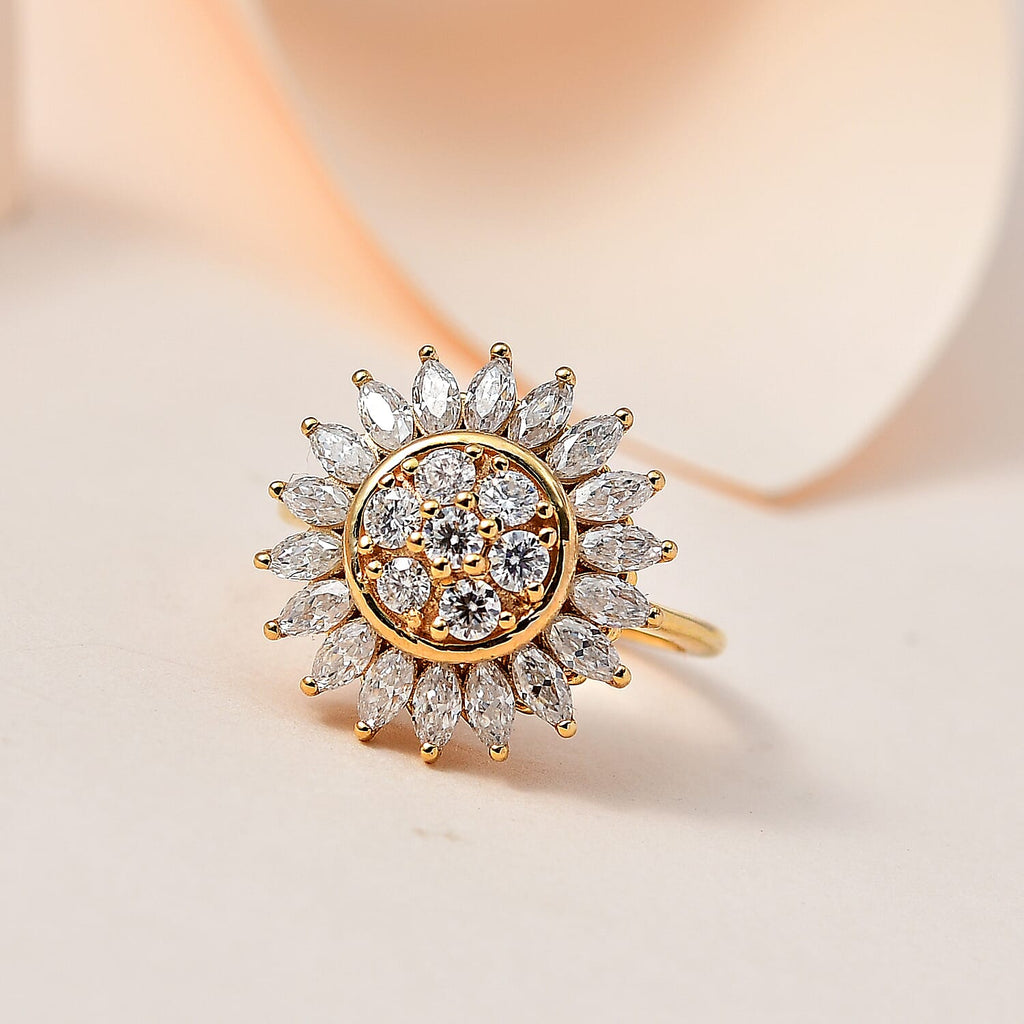 Moissanite Floral Ring in 18K Yellow Gold Vermeil Plated Sterling Silver 1.54 Ct.