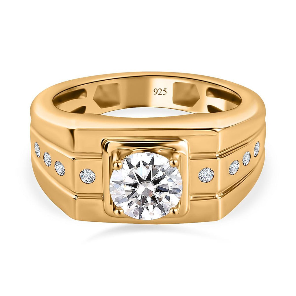Moissanite Mens Ring in 18K Vermeil Yellow Gold Plated Sterling Silver 1.04 Ct, Silver Wt. 6.40 Gms