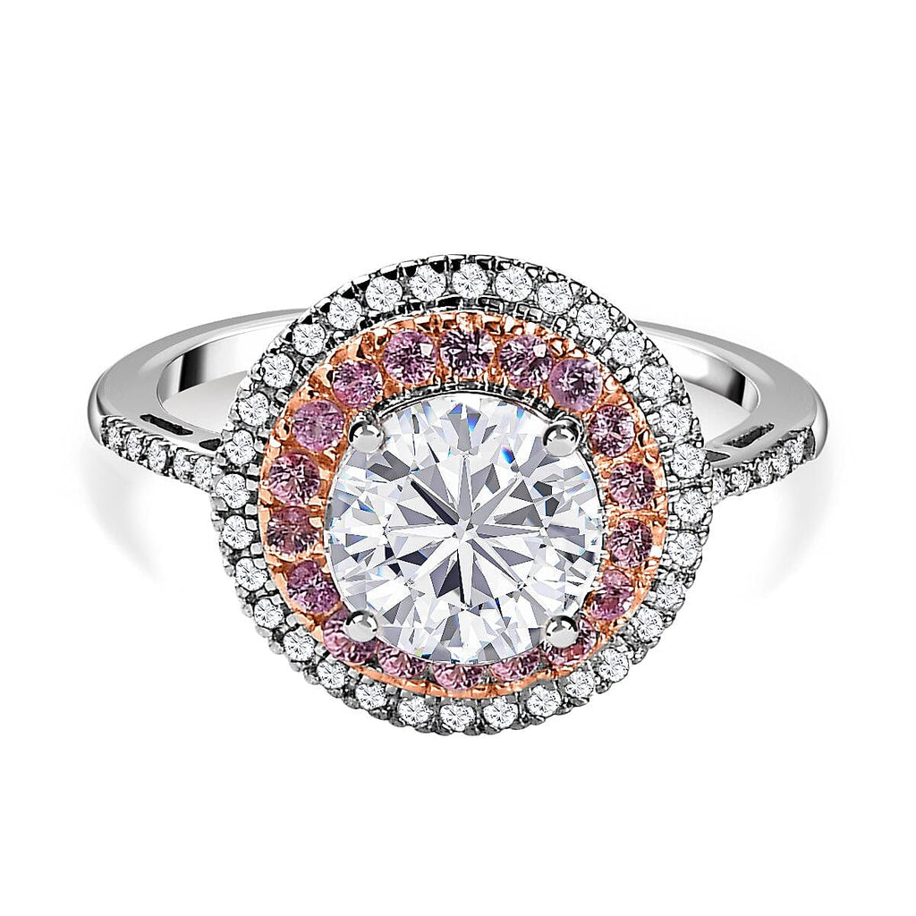 Designer Inspired - Moissanite & Pink Sapphire Halo Ring in Platinum Overlay Sterling Silver 2.74 Ct.