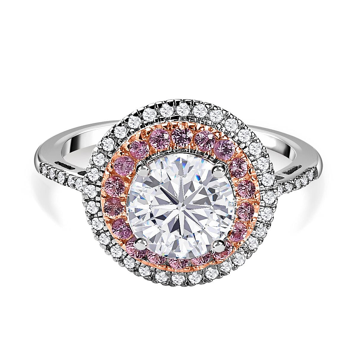 Designer Inspired - Moissanite &amp; Pink Sapphire Halo Ring in Platinum Overlay Sterling Silver 2.74 Ct. 7616338 0