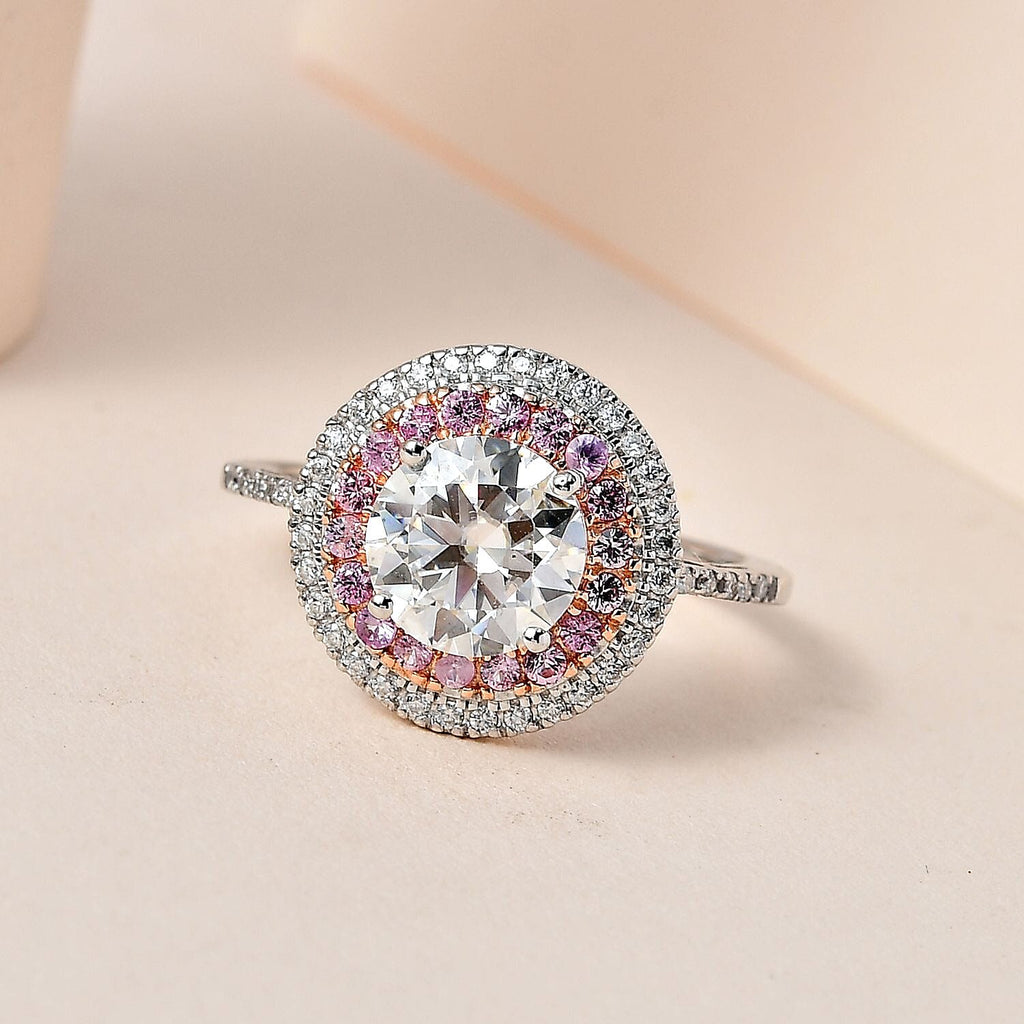 Designer Inspired - Moissanite & Pink Sapphire Halo Ring in Platinum Overlay Sterling Silver 2.74 Ct.