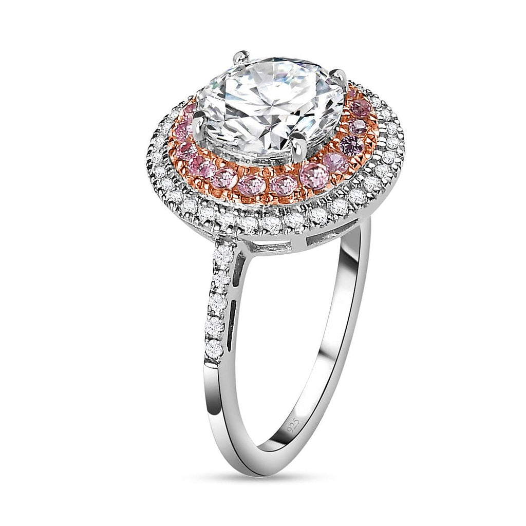 Designer Inspired - Moissanite & Pink Sapphire Halo Ring in Platinum Overlay Sterling Silver 2.74 Ct.