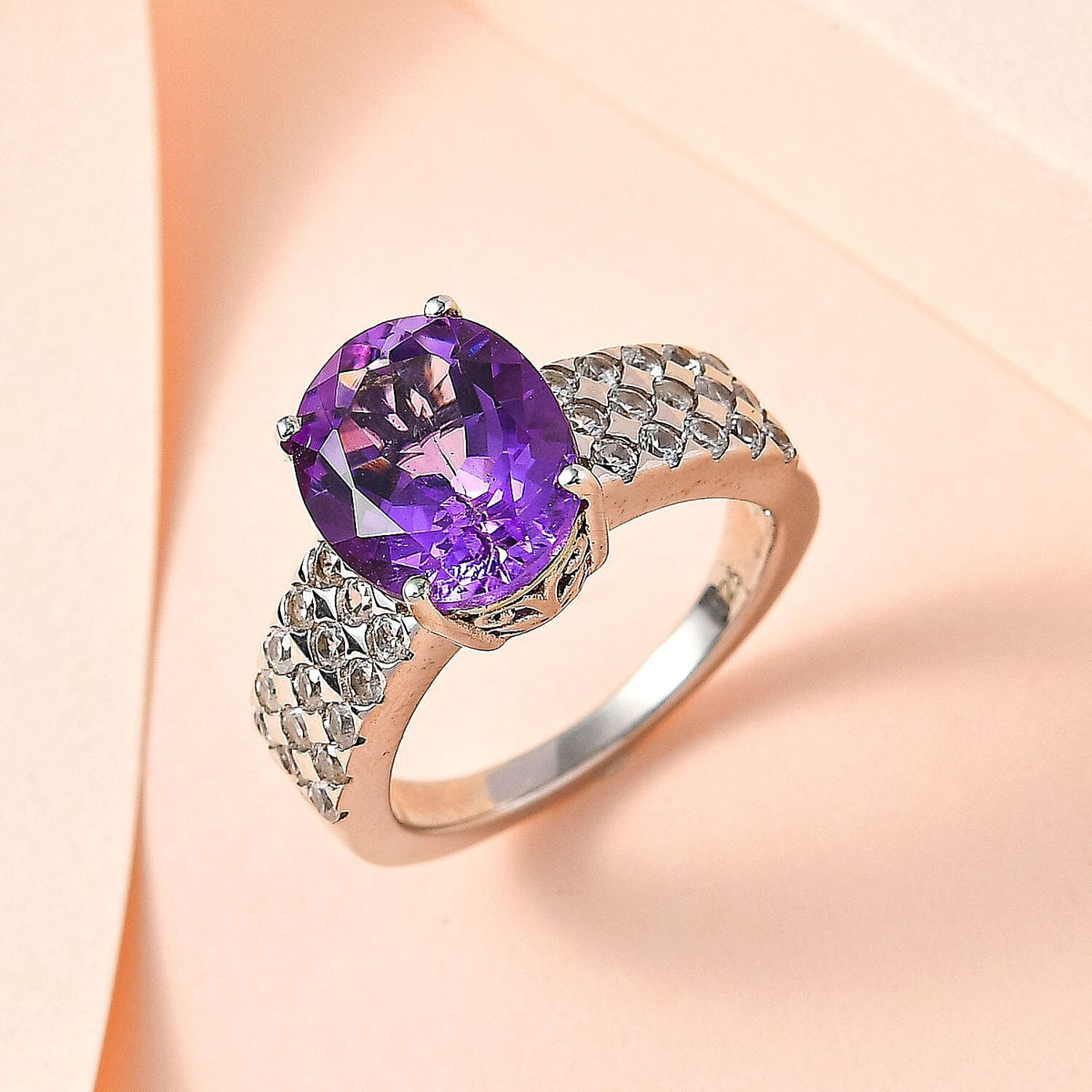 Moroccan Amethyst and Natural Zircon Ring in Platinum Overlay Sterling Silver 4.35 Ct 7574737 1