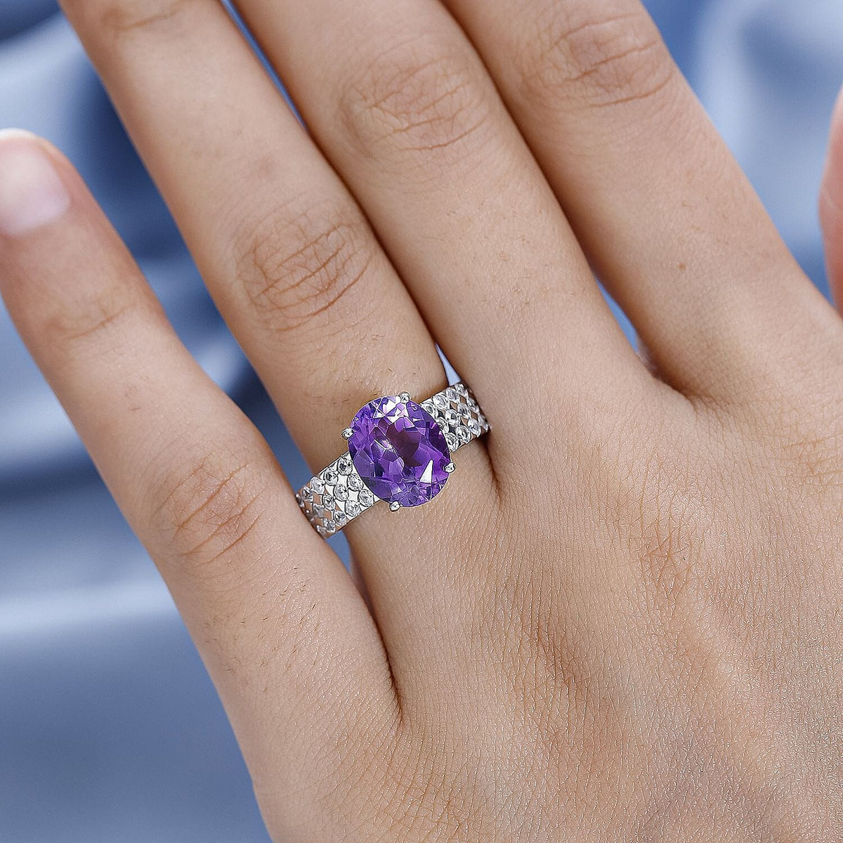 Moroccan Amethyst and Natural Zircon Ring in Platinum Overlay Sterling Silver 4.35 Ct 7574737 2