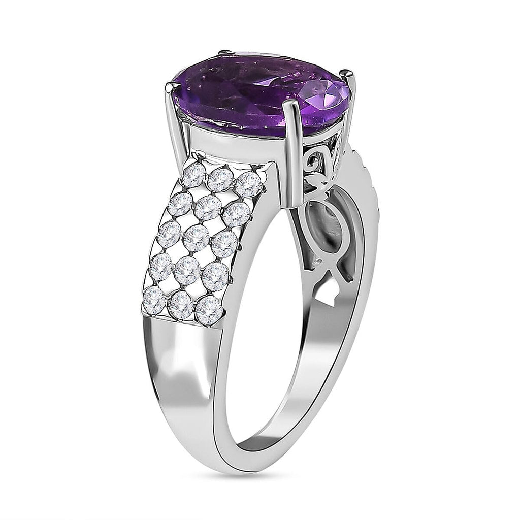 Moroccan Amethyst and Natural Zircon Ring in Platinum Overlay Sterling Silver 4.35 Ct