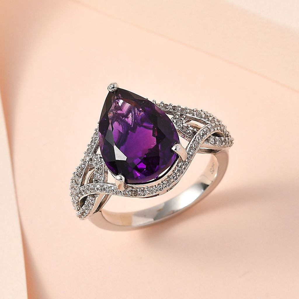Moroccan Amethyst and Natural Zircon Ring in Platinum Overlay Sterling Silver 6.01 Ct