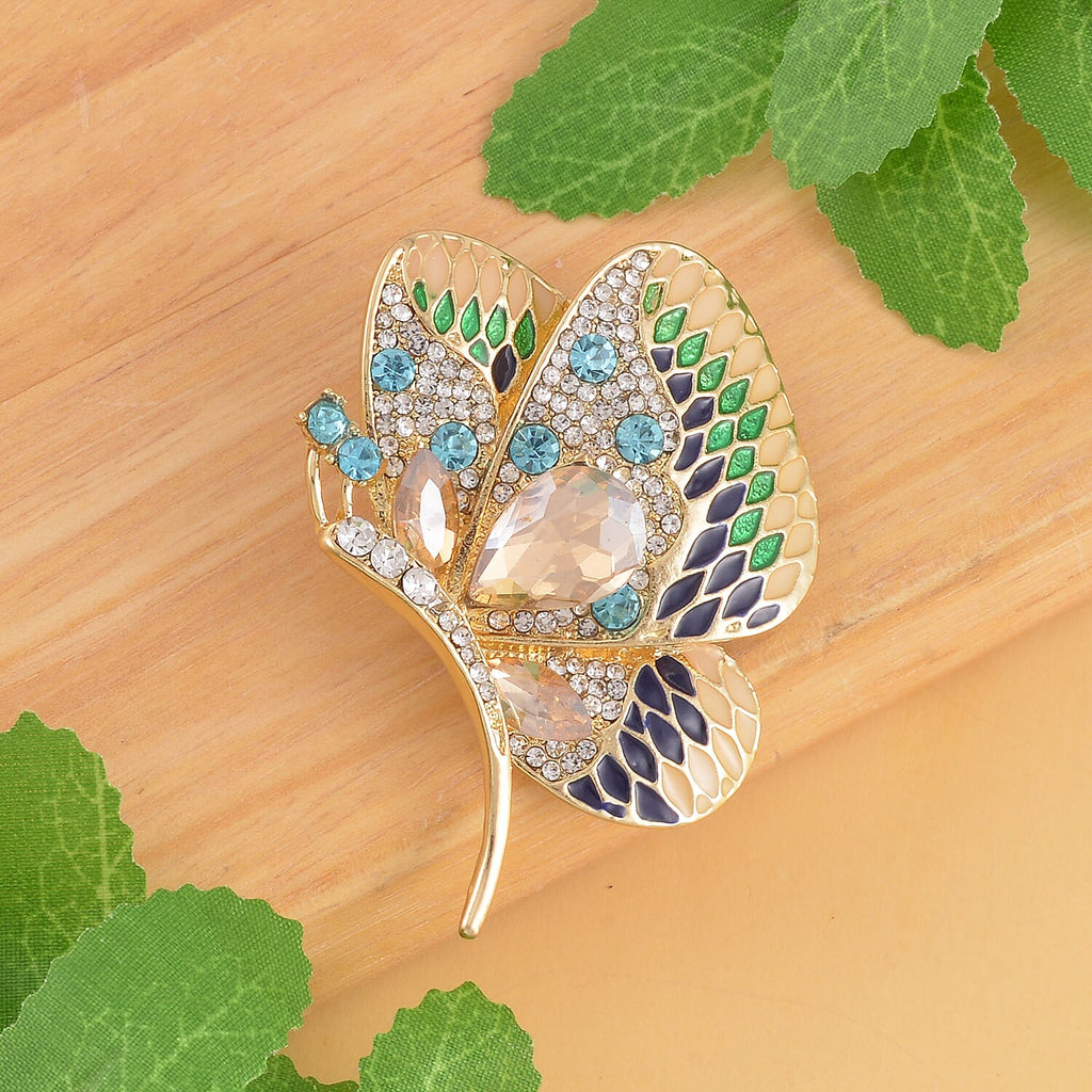 Multi Colour Austrian Crystal Butterfly Brooch in Yellow Gold Tone