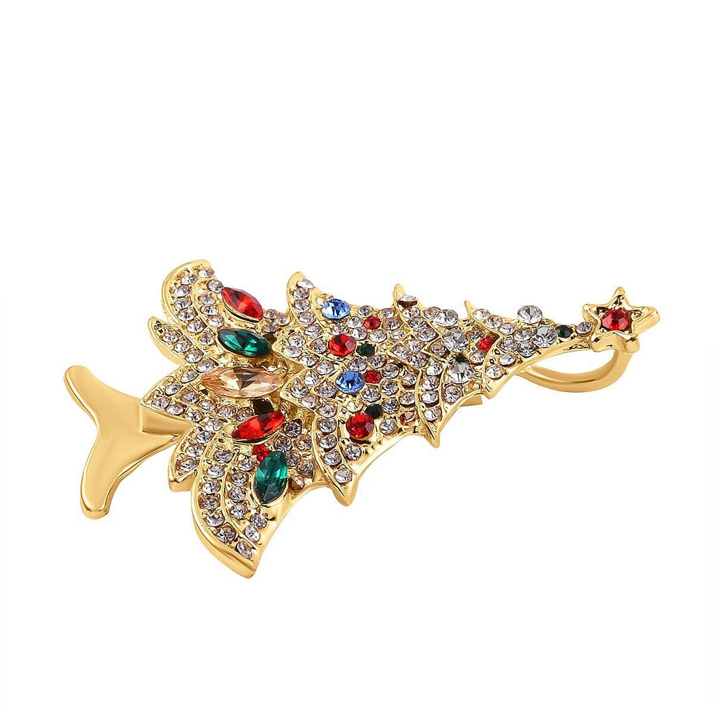 Multi Colour Austrian Crystal Enamelled Christmas Tree Brooch in Yellow Gold Tone