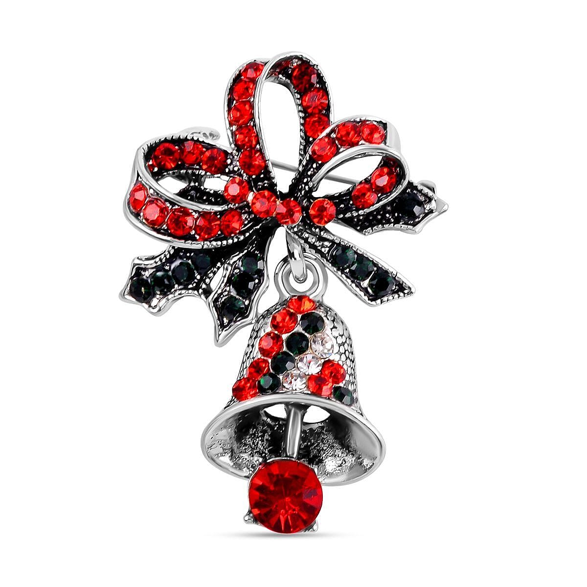 White, Red Austrian Crystal &amp; Emerald Antique Christmas Bell Brooch in Silver Tone 7611705 0
