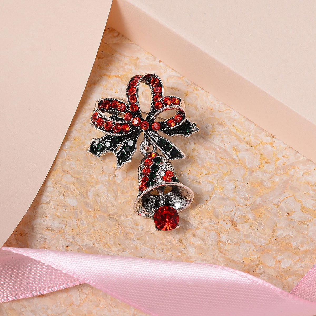 White, Red Austrian Crystal &amp; Emerald Antique Christmas Bell Brooch in Silver Tone 7611705 2