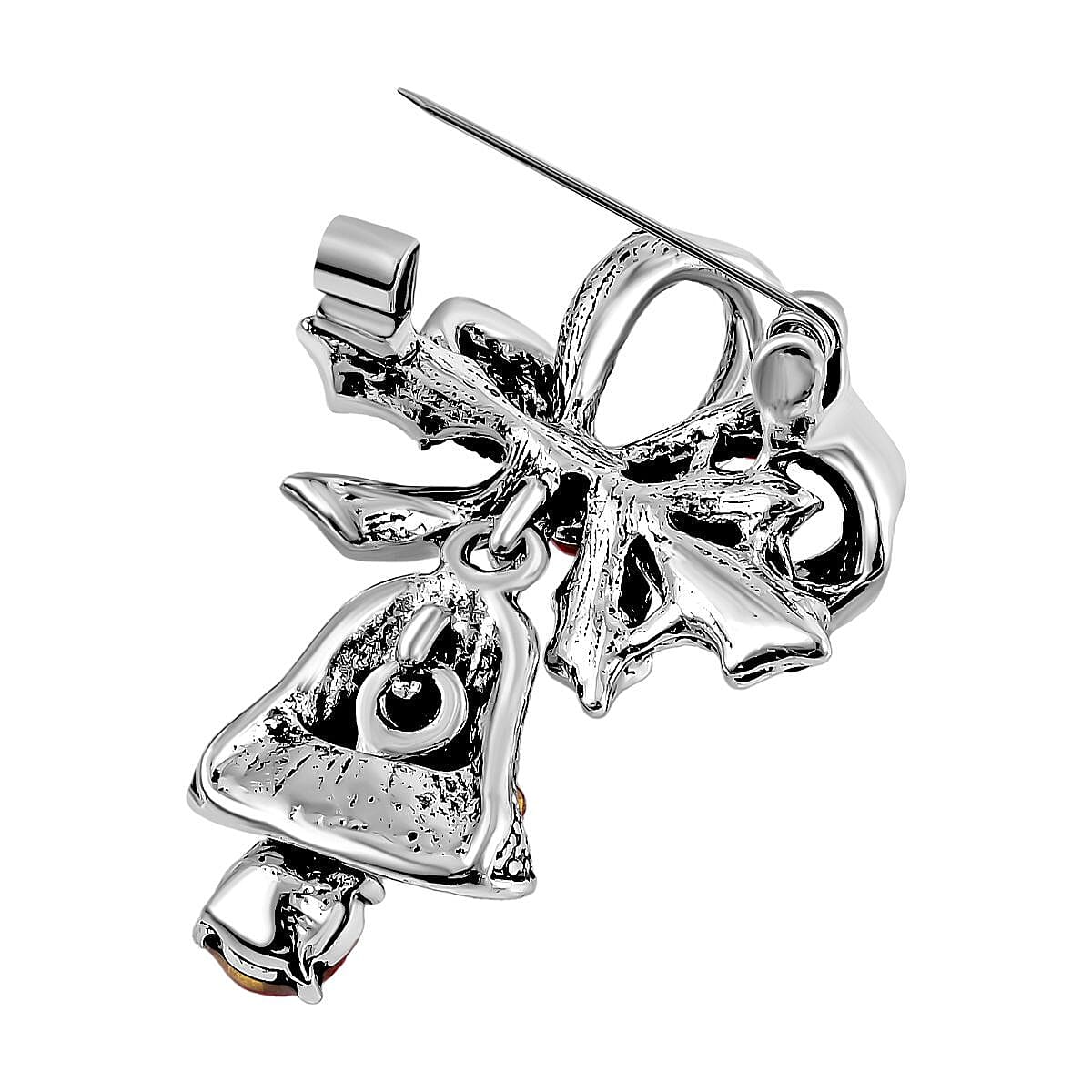 White, Red Austrian Crystal &amp; Emerald Antique Christmas Bell Brooch in Silver Tone 7611705 4