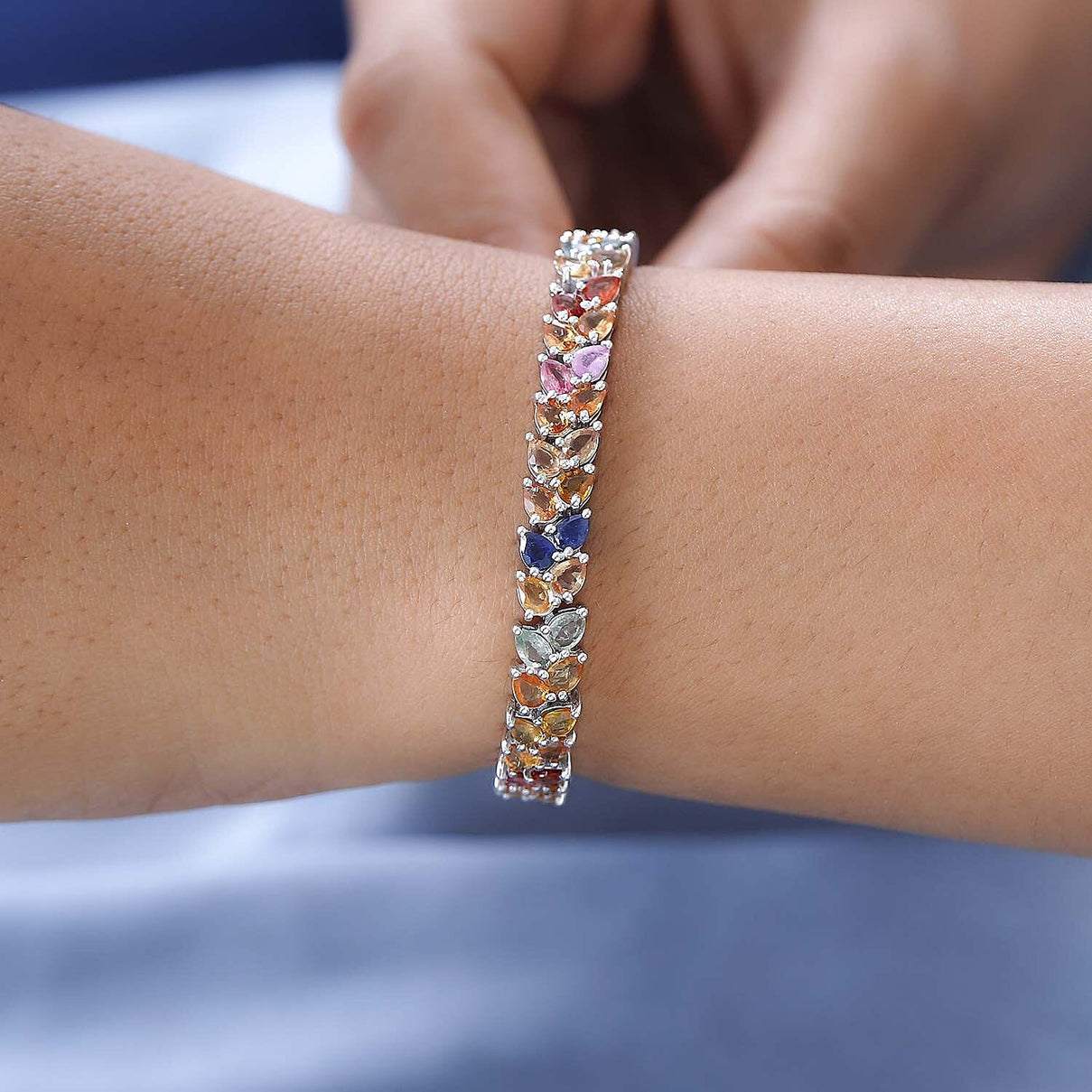 Multi Sapphire Bracelet (Size - 7) in Platinum Overlay Sterling Silver 14.69 Ct, Silver Wt. 12.60 Gms 7625958 2