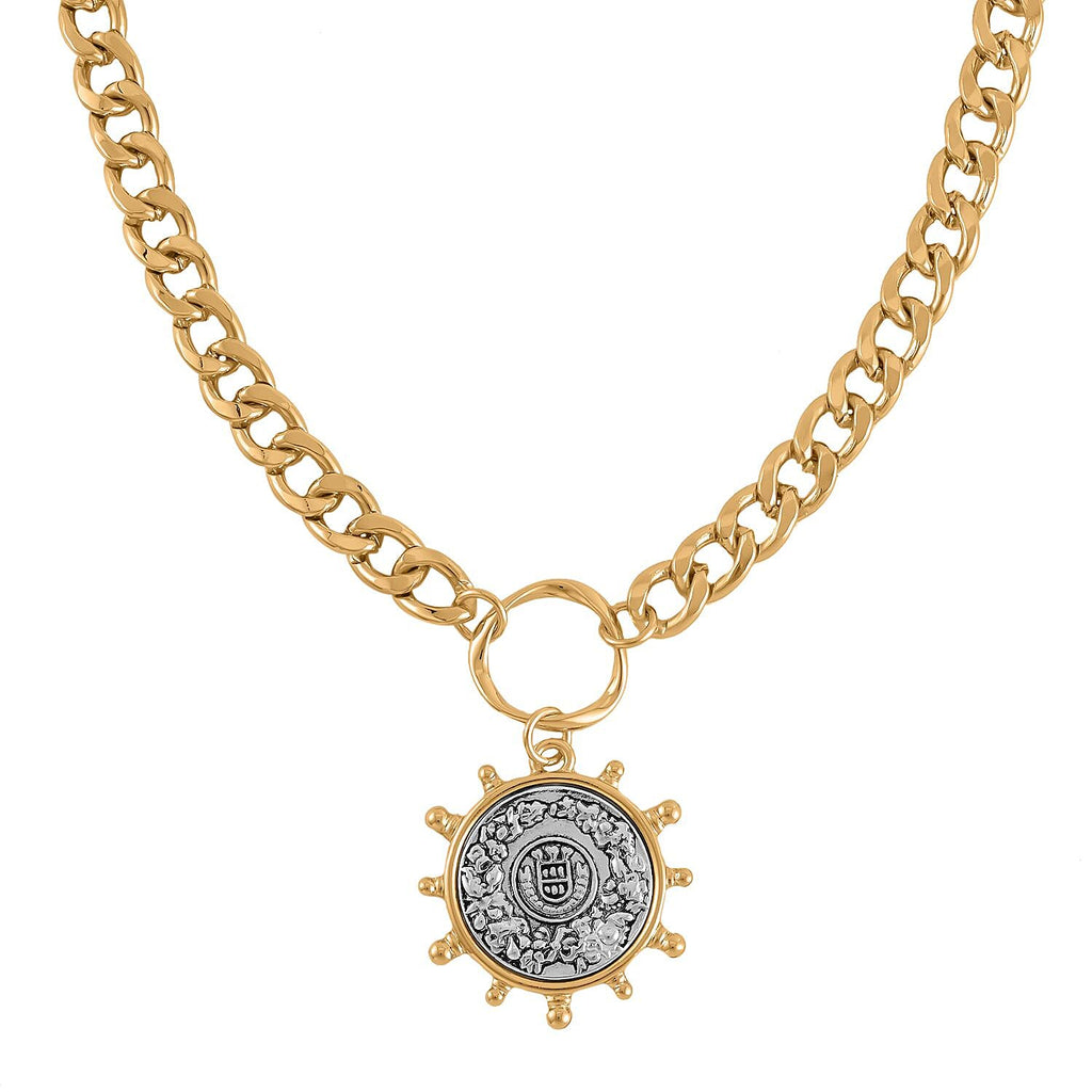 Curb Link Sunburst Necklace (Size - 20-2) in Dual Tone
