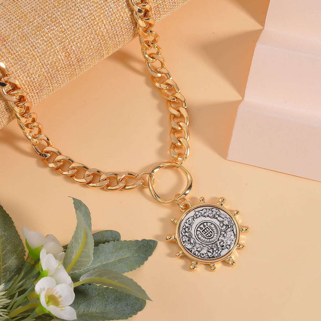 Curb Link Sunburst Necklace (Size - 20-2) in Dual Tone