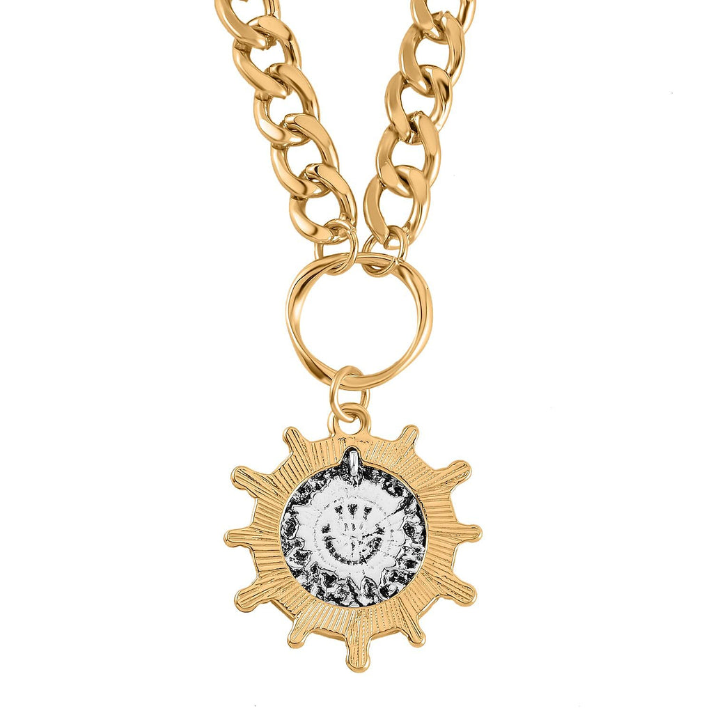 Curb Link Sunburst Necklace (Size - 20-2) in Dual Tone