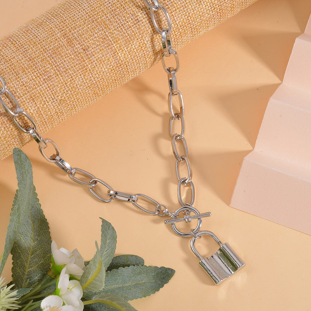Designer Inspired - Toggle Paperclip Chain Padlock Necklace (Size - 20) With T-Bar Clasp
