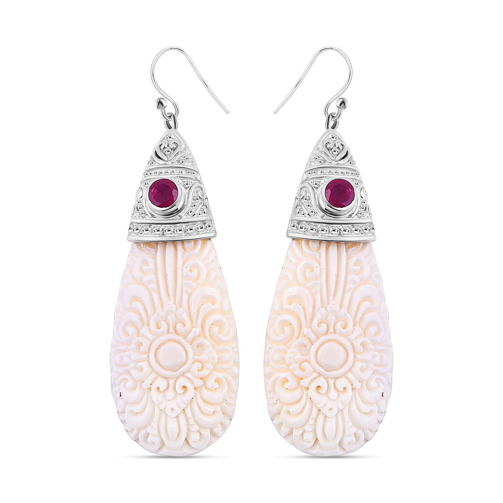 Royal Bali Collection - Ox Bone & Ruby Teardrop Earrings  Sterling Silver 25.60 Ct