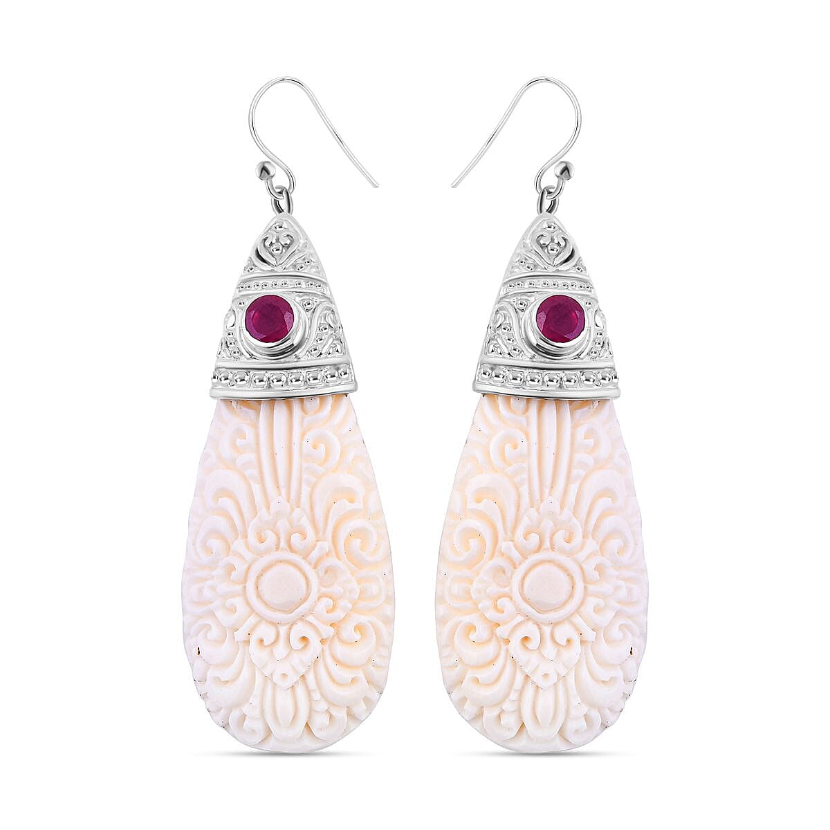 Royal Bali Collection - Ox Bone &amp; Ruby Teardrop Earrings  Sterling Silver 25.60 Ct 7620788 0