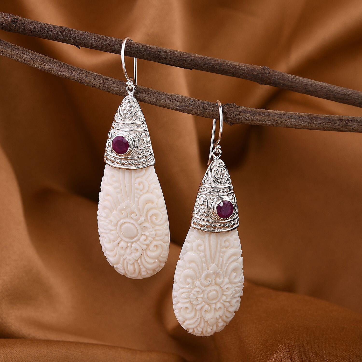 Royal Bali Collection - Ox Bone &amp; Ruby Teardrop Earrings  Sterling Silver 25.60 Ct 7620788 2