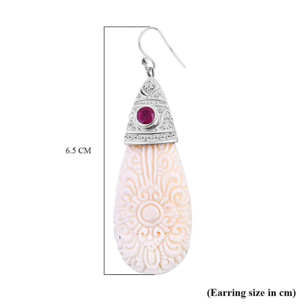 Royal Bali Collection - Ox Bone & Ruby Teardrop Earrings  Sterling Silver 25.60 Ct