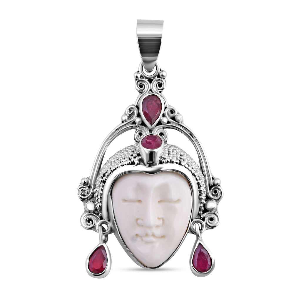 Royal Bali Princess Collection - Ox Bone & Ruby (FF) Pendant in Sterling Silver 2.14 Ct, Silver Wt 7.80 GM