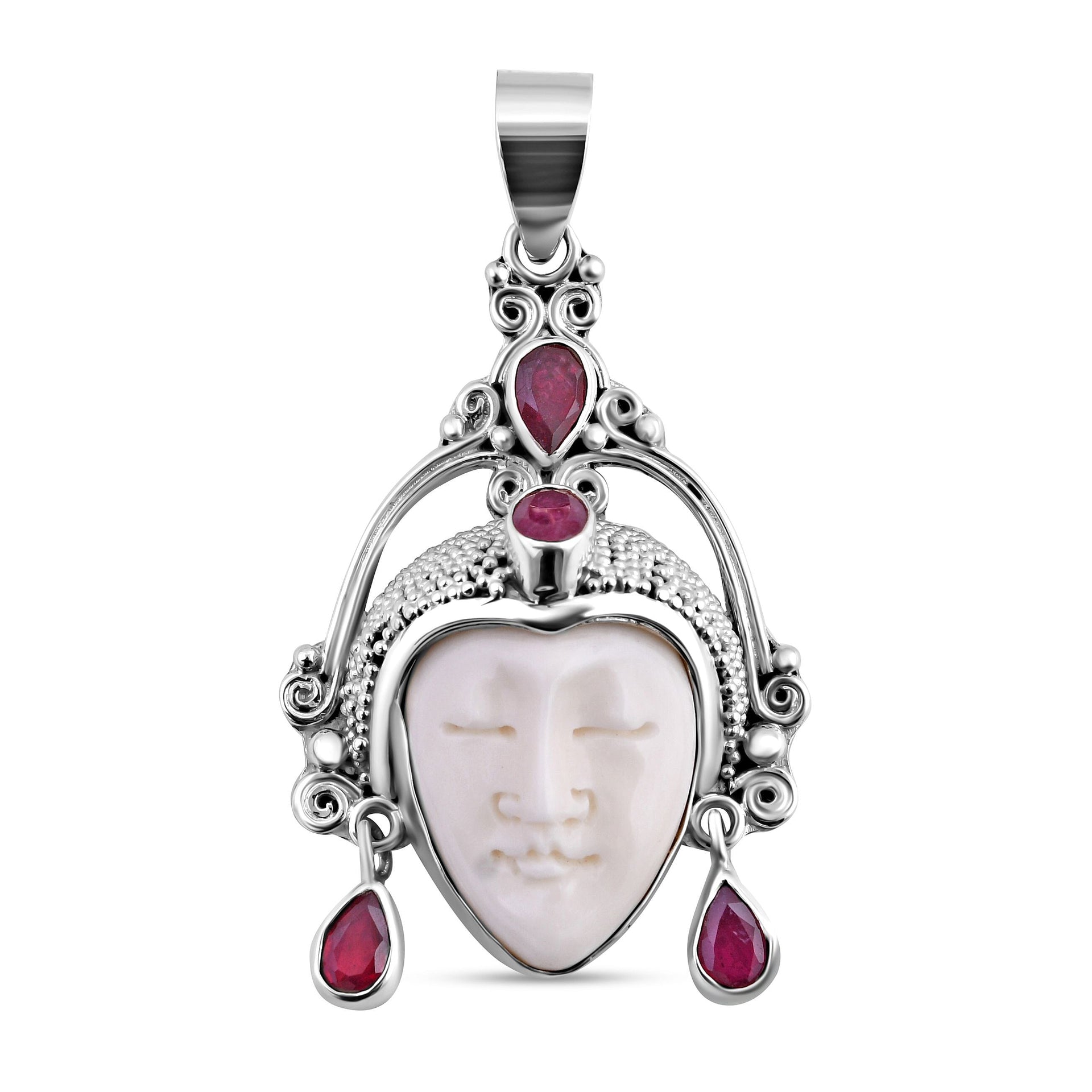 Royal Bali Princess Collection - Ox Bone &amp; Ruby (FF) Pendant in Sterling Silver 2.14 Ct, Silver Wt 7.80 GM 7619656 0