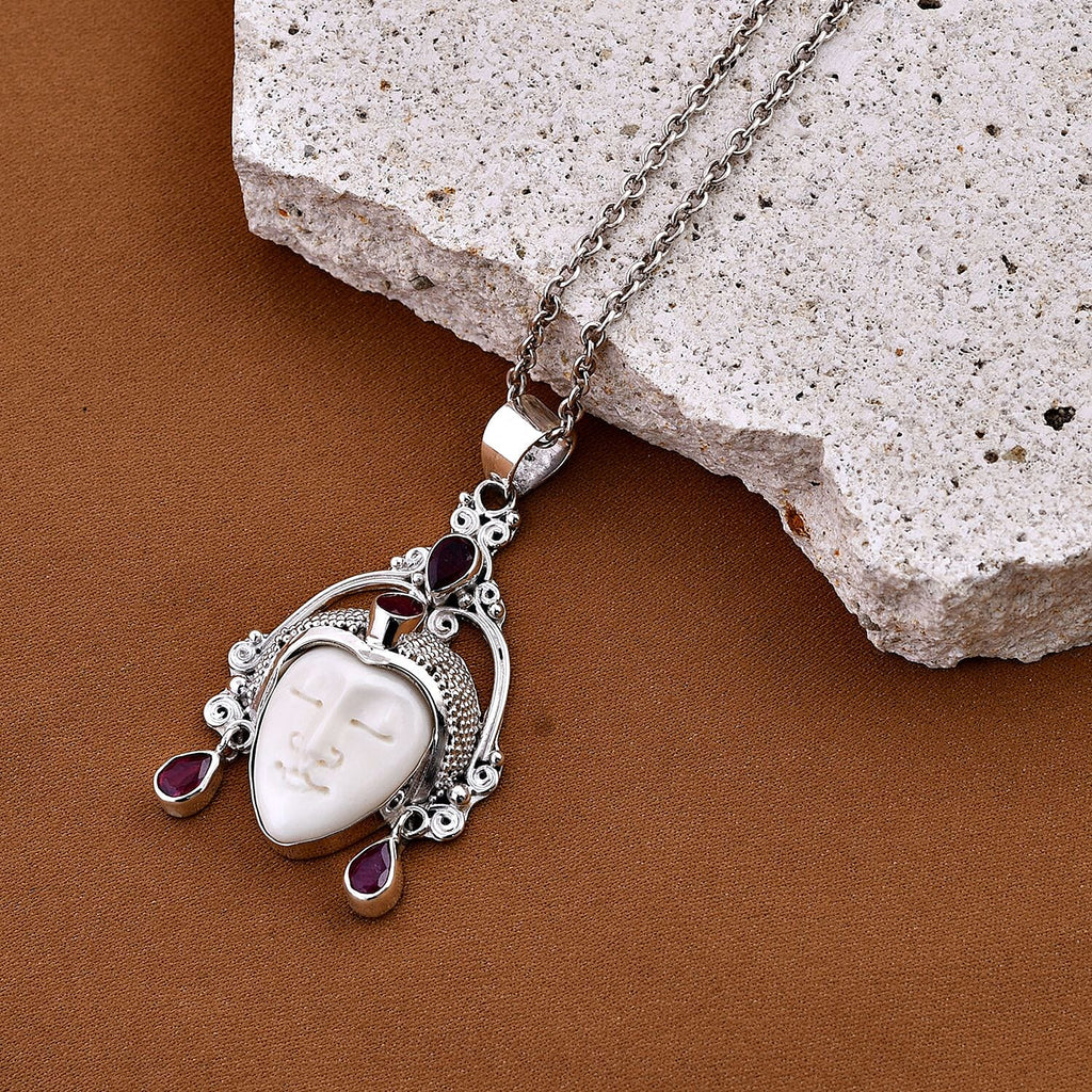 Royal Bali Princess Collection - Ox Bone & Ruby (FF) Pendant in Sterling Silver 2.14 Ct, Silver Wt 7.80 GM